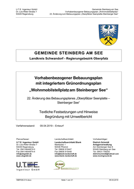 GEMEINDE STEINBERG AM SEE Vorhabenbezogener Bebauungsplan Mit Integriertem Grünordnungsplan