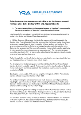 Submission on the Assessment of a Place for the Commonwealth Heritage List - Lake Burley Griffin and Adjacent Lands