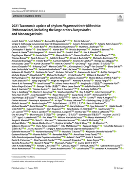2021 Taxonomic Update of Phylum Negarnaviricota (Riboviria: Orthornavirae), Including the Large Orders Bunyavirales and Mononegavirales