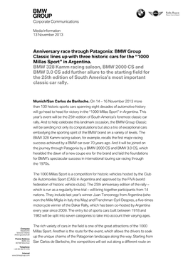 Anniversary Race Through Patagonia: BMW Group Classic Lines up with Three Historic Cars for the “1000 Millas Sport” in Argentina