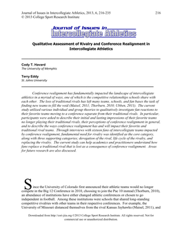 Journal of Issues in Intercollegiate Athletics, 2013, 6, 216-235 216 © 2013 College Sport Research Institute
