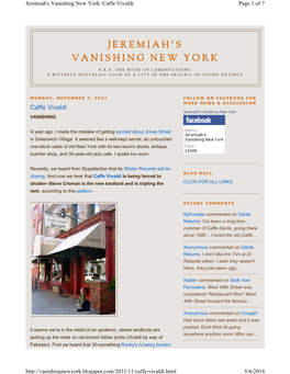 Jeremiah's Vanishing New York: Caffe Vivaldi Page 1 of 7