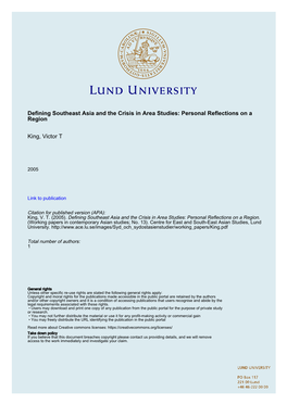 Defining Southeast Asia and the Crisis in Area Studies: Personal Reflections on a Region