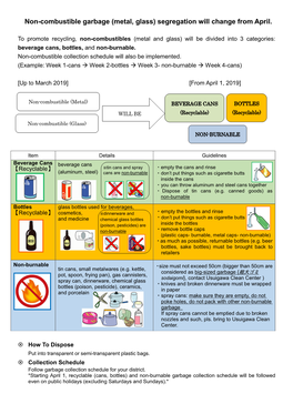 Non-Combustible Garbage (Metal, Glass) Segregation Will Change from April