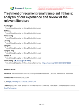 Treatment of Recurrent Renal Transplant Lithiasis: Analysis of Our Experience and Review of the Relevant Literature
