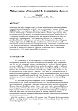 Metalanguage As a Component of the Communicative Classroom