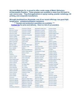Accumet Materials Co. Is Proud to Offer a Wide Range of Metal, Refractory & Intermetallic Powders