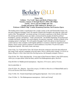 Winter 2020 Syllabus: Viva Verdi! Opera and Birth of Modern Italy Tuesdays, January 21 Through March 3, 2020, 1:00-3:00Pm (NOT