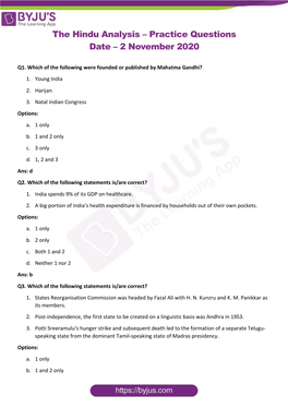 The Hindu Analysis – Practice Questions Date – 2 November 2020