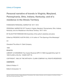 Personal Narrative of Travels in Virginia, Maryland, Pennsylvania, Ohio, Indiana, Kentucky; and of a Residence in the Illinois Territory
