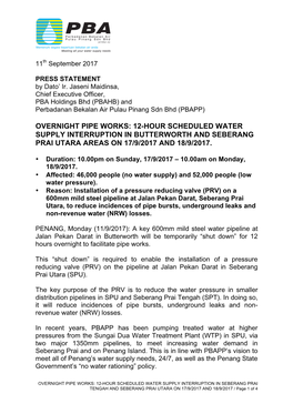 Overnight Pipe Works: 12-Hour Scheduled Water Supply Interruption in Butterworth and Seberang Prai Utara Areas on 17/9/2017 and 18/9/2017