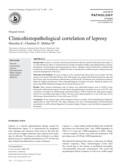 Clinicohistopathological Correlation of Leprosy Shrestha A1, Chauhan S2, Mathur M3