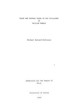 Value and Natural Order in the Philosophy of William Temple
