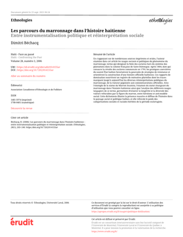 Marronnage Dans L’Histoire Haïtienne Entre Instrumentalisation Politique Et Réinterprétation Sociale Dimitri Béchacq