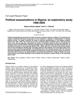 Political Assassinations in Nigeria: an Exploratory Study 1986-2005