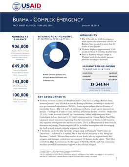 Burma - Complex Emergency Fact Sheet #1, Fiscal Year (Fy) 2014 January 28, 2014