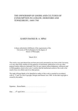 The Ownership of Goods and Cultures of Consumption in Ludlow, Hereford and Tewkesbury, 1660-1760