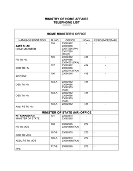 Ministry of Home Affairs Telephone List ********