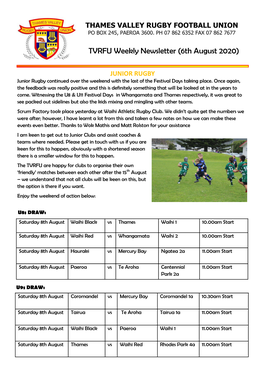 TVRFU Weekly Newsletter (6Th August 2020)