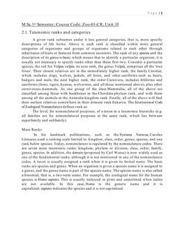 Unit: II 2.1. Taxonomic Ranks and Categories a Given Rank Subsumes Under It Less General Categories, That Is, More Specific Descriptions of Life Forms