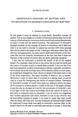 Aristotle's Concept of Matter and Odern Concepts of Matter