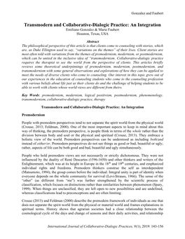 Transmodern and Collaborative-Dialogic Practice: an Integration Emiliano Gonzalez & Marie Faubert Houston, Texas, USA