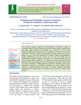 Production and Profitability Analysis of Grapevine Orchard in Coimbatore, Tamil Nadu, India