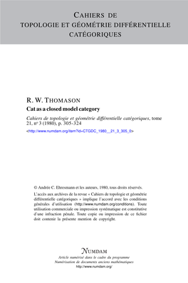 Cat As a Closed Model Category Cahiers De Topologie Et Géométrie Différentielle Catégoriques, Tome 21, No 3 (1980), P