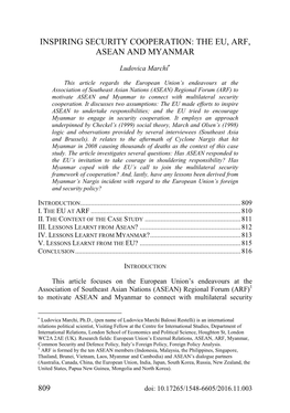 Inspiring Security Cooperation: the Eu, Arf, Asean and Myanmar