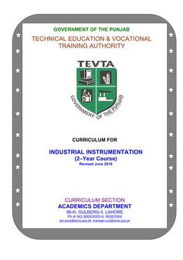 INDUSTRIAL INSTRUMENTATION (2–Year Course) Revised June 2016 CURRICULUM FOR