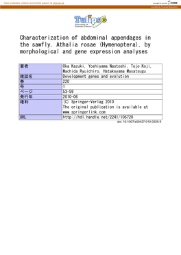 Characterization of Abdominal Appendages in the Sawfly, Athalia Rosae (Hymenoptera), by Morphological and Gene Expression Analyses