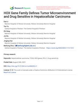 HOX Gene Family De Nes Tumor Microenvironment and Drug Sensitive in Hepatocellular Carcinoma