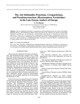 The Ant Subfamilies Ponerinae, Cerapachyinae, and Pseudomyrmecinae (Hymenoptera, Formicidae) in the Late Eocene Ambers of Europe G