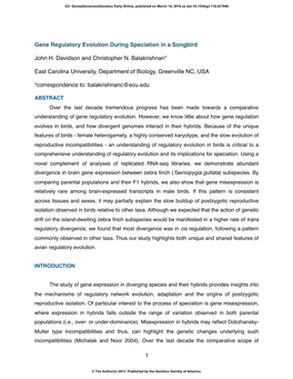 Gene Regulatory Evolution During Speciation in a Songbird John H. Davidson and Christopher N. Balakrishnan* East Carolina Univer