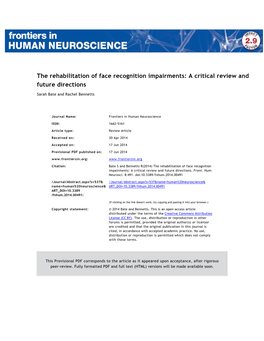 The Rehabilitation of Face Recognition Impairments: a Critical Review and Future Directions