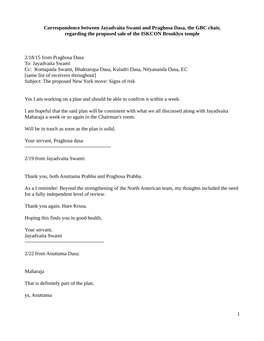 Correspondence Between Jayadvaita Swami and Praghosa Dasa, the GBC Chair, Regarding the Proposed Sale of the ISKCON Brooklyn Temple