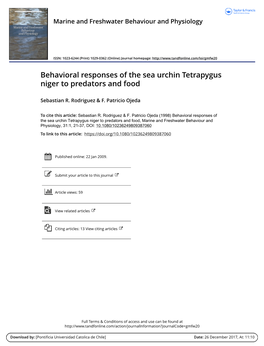 Behavioral Responses of the Sea Urchin Tetrapygus Niger to Predators and Food