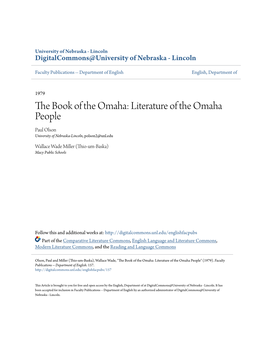 Literature of the Omaha People Paul Olson University of Nebraska-Lincoln, Polson2@Unl.Edu