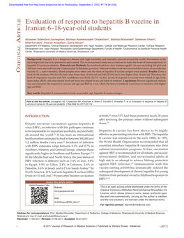 Evaluation of Response to Hepatitis B Vaccine in Iranian 6–18‑Year‑Old