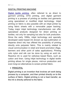 DIGITAL PRINTING MACHINE Digital Textile Printing, Often Referred to As