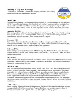 History of Day Use Moorings the History of Malama Kai Foundation Is Integrally Connected to the History of the Hawaii Day-Use Mooring Buoy Program