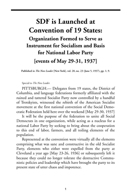 SDF Is Launched at Convention of 19 States: Organization Formed to Serve As Instrument for Socialism and Basis for National Labor Party [Events of May 29-31, 1937]