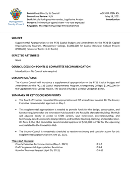 Supplemental Appropriation to Montgomery College's FY21