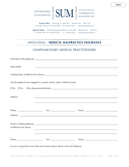 Application – Medical Malpractice Insurance