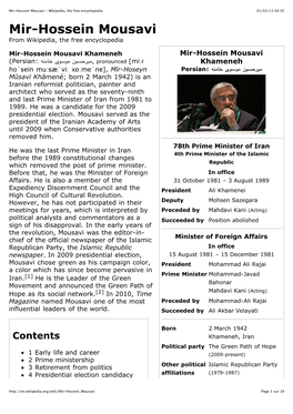 Mir-Hossein Mousavi - Wikipedia, the Free Encyclopedia 01/03/11 04:35 Mir-Hossein Mousavi from Wikipedia, the Free Encyclopedia