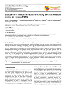 Evaluation of Immunomodulatory Activity of Clerodendrum Inerme on Human PBMC