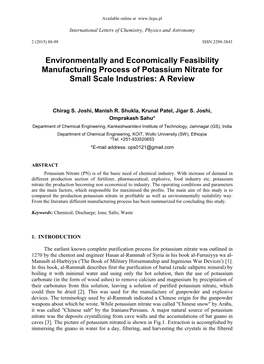 Environmentally and Economically Feasibility Manufacturing Process of Potassium Nitrate for Small Scale Industries: a Review