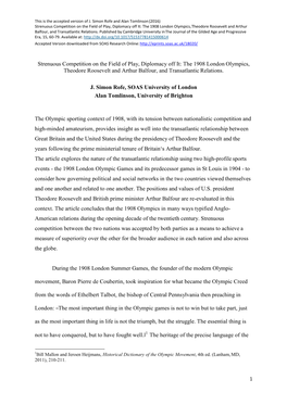 Strenuous Competition on the Field of Play, Diplomacy Off It: the 1908 London Olympics, Theodore Roosevelt and Arthur Balfour, and Transatlantic Relations