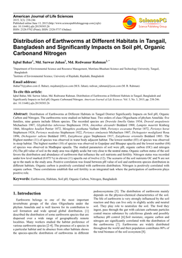 Distribution of Earthworms at Different Habitats in Tangail, Bangladesh and Significantly Impacts on Soil Ph, Organic Carbonand Nitrogen