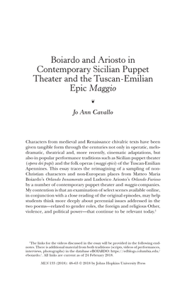 Boiardo and Ariosto in Contemporary Sicilian Puppet Theater and the Tuscan-Emilian Epic Maggio